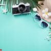 beach accessories retro film camera, sunglasses, starfish beach