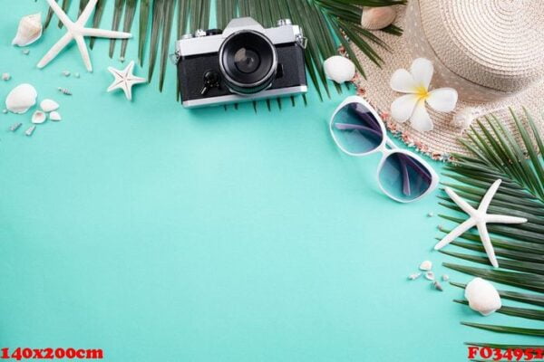 beach accessories retro film camera, sunglasses, starfish beach