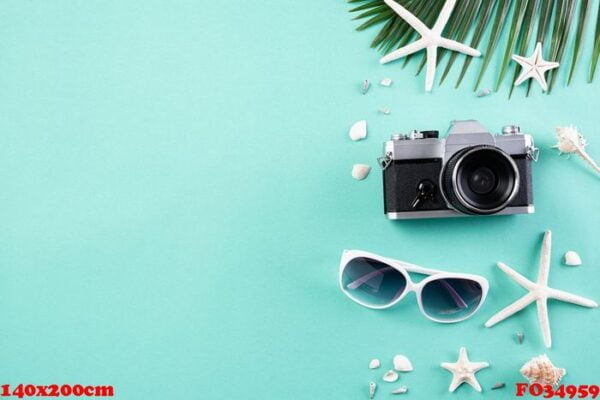 beach accessories retro film camera, sunglasses, flip flop starf