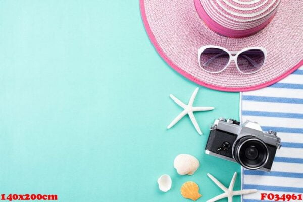 beach accessories retro film camera, sunglasses, flip flop starf