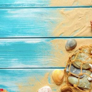 sea rope with many different sea shells on the sea sand on a blue wooden background. top view