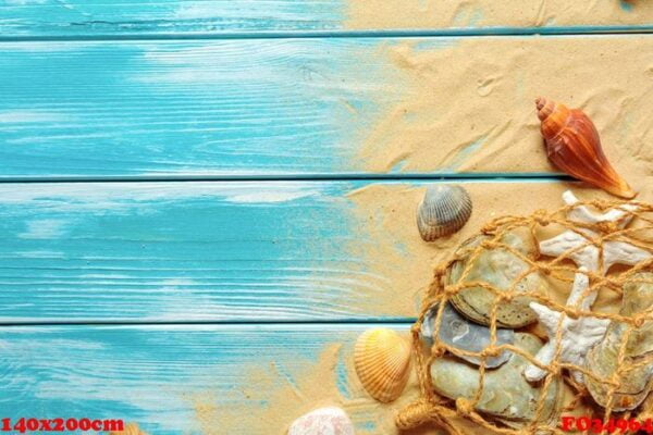 sea rope with many different sea shells on the sea sand on a blue wooden background. top view