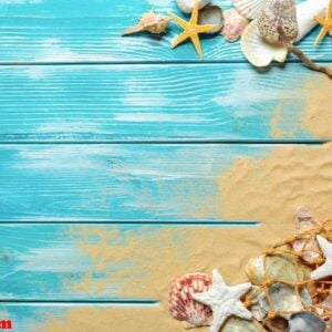 sea rope with many different sea shells on the sea sand on a blue wooden background. top view