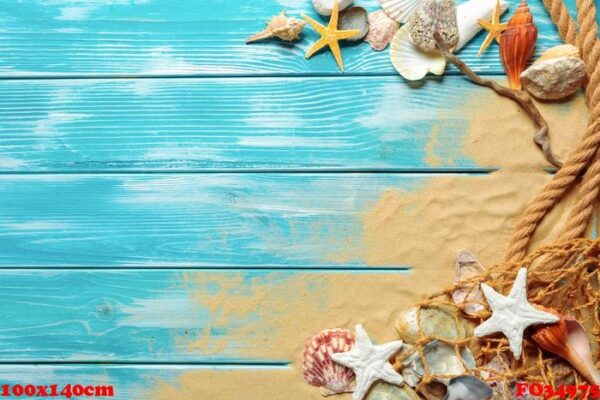 sea rope with many different sea shells on the sea sand on a blue wooden background. top view