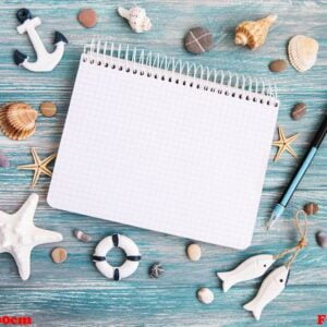 shells and notepad on wooden table