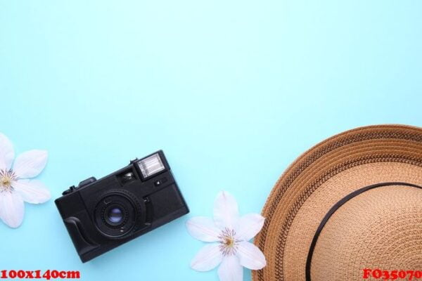 traveler accessories on blue background travel vacation concept. summer background.