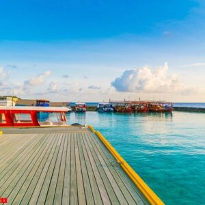 harbour in tropical maldives island .