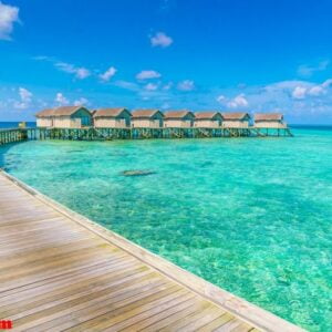 beautiful water villas in tropical maldives island .