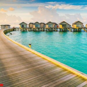 beautiful water villas in tropical maldives island at the sunris