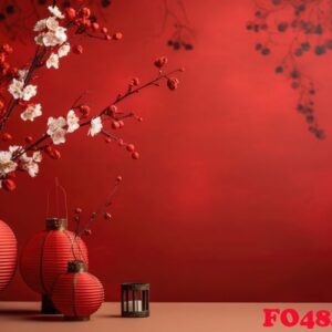 a red background with some papers and paper lanterns