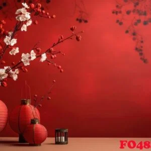a red background with some papers and paper lanterns
