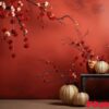 a red background with some papers and paper lanterns