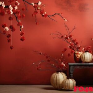 a red background with some papers and paper lanterns