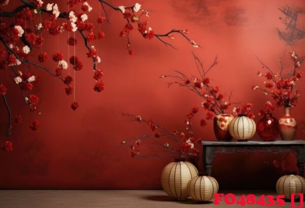 a red background with some papers and paper lanterns