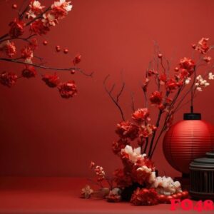 a red background with some papers and paper lanterns