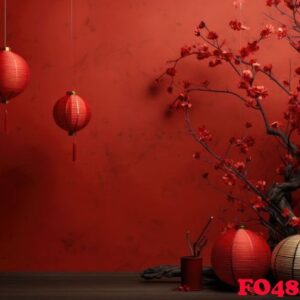 a red background with some papers and paper lanterns