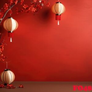 a red background with some papers and paper lanterns