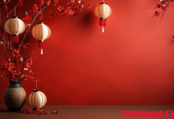 a red background with some papers and paper lanterns