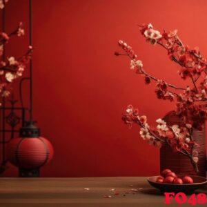 a red background with some papers and paper lanterns