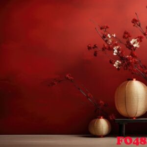 a red background with some papers and paper lanterns