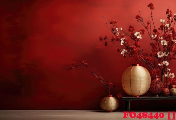 a red background with some papers and paper lanterns