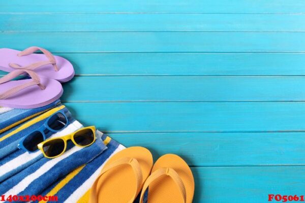 beach scene with blue wood decking