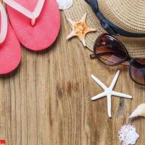 sand and shells on the wooden floor of the ,summer concept