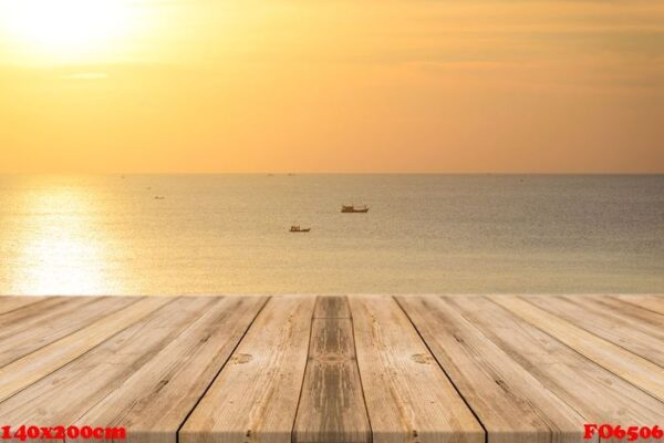 vintage wooden board empty table in front of sunset background.