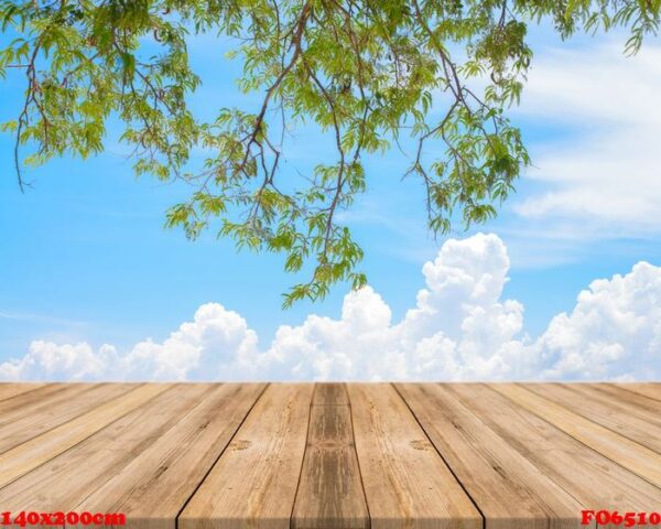 vintage wooden board empty table in front of blue sea & sky back