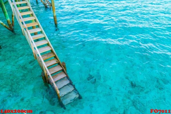 wood stair into the sea of tropical maldives island .