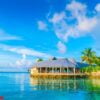 beautiful water villas in tropical maldives island at the sunris