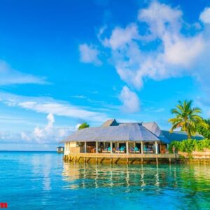 beautiful water villas in tropical maldives island at the sunris