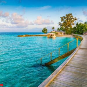 beautiful water villas in tropical maldives island at the sunris