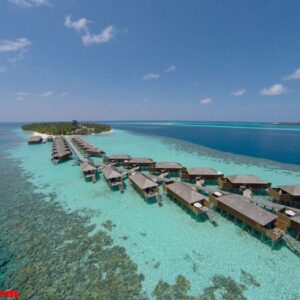 aerial view of a tropical island in turquoise water. luxurious o