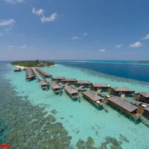 aerial view of a tropical island in turquoise water. luxurious o