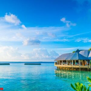 beautiful water villas in tropical maldives island at the sunris