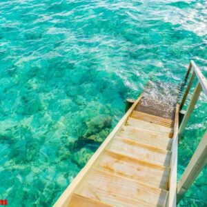 wood stair into the sea of tropical maldives island .