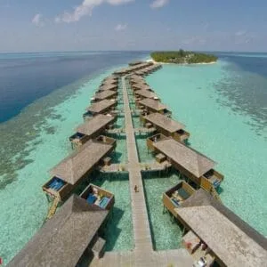 aerial view of a tropical island in turquoise water. luxurious o