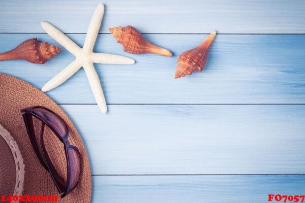 hat and shells on the wooden floor of the blue,summer concept