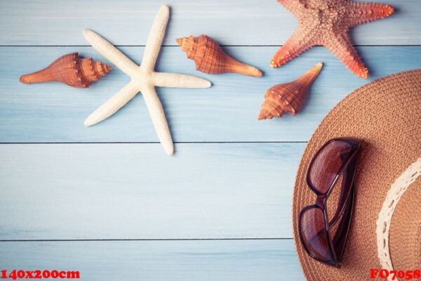 hat and shells on the wooden floor of the blue,summer concept