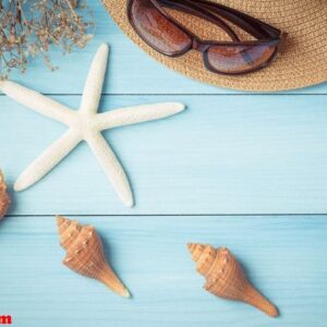 hat and shells on the wooden floor of the blue,summer concept