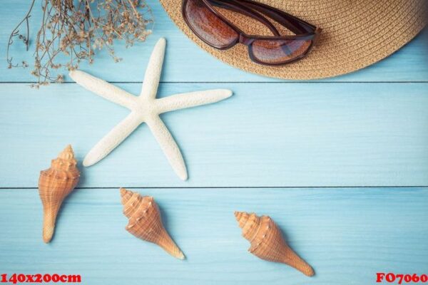 hat and shells on the wooden floor of the blue,summer concept