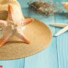 starfish on a hat on a blue background.