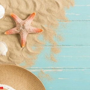 sand and shells on the wooden floor of the blue,summer concept