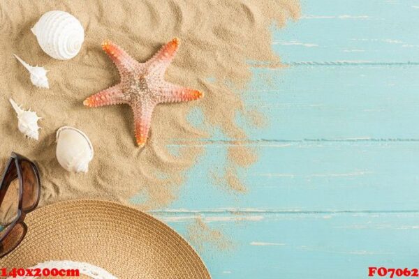 sand and shells on the wooden floor of the blue,summer concept