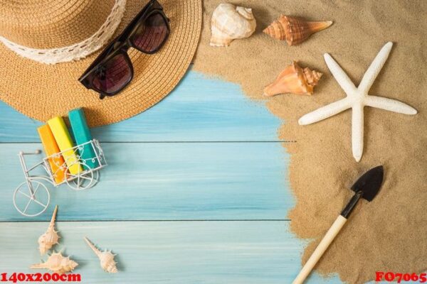 sand and shells on the wooden floor of the blue,summer concept