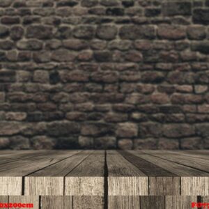 3d wooden table against defocussed brick wall