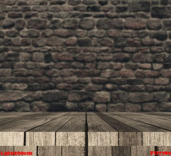 3d wooden table against defocussed brick wall