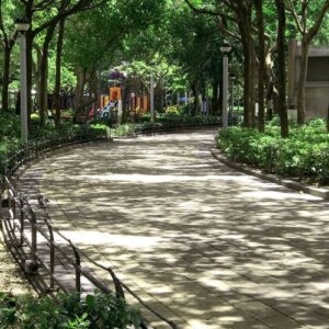 vertical outdoor playground, footpath and tree in public park