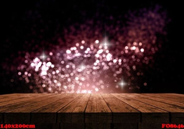 3d wooden table against a sparkle bokeh lights background